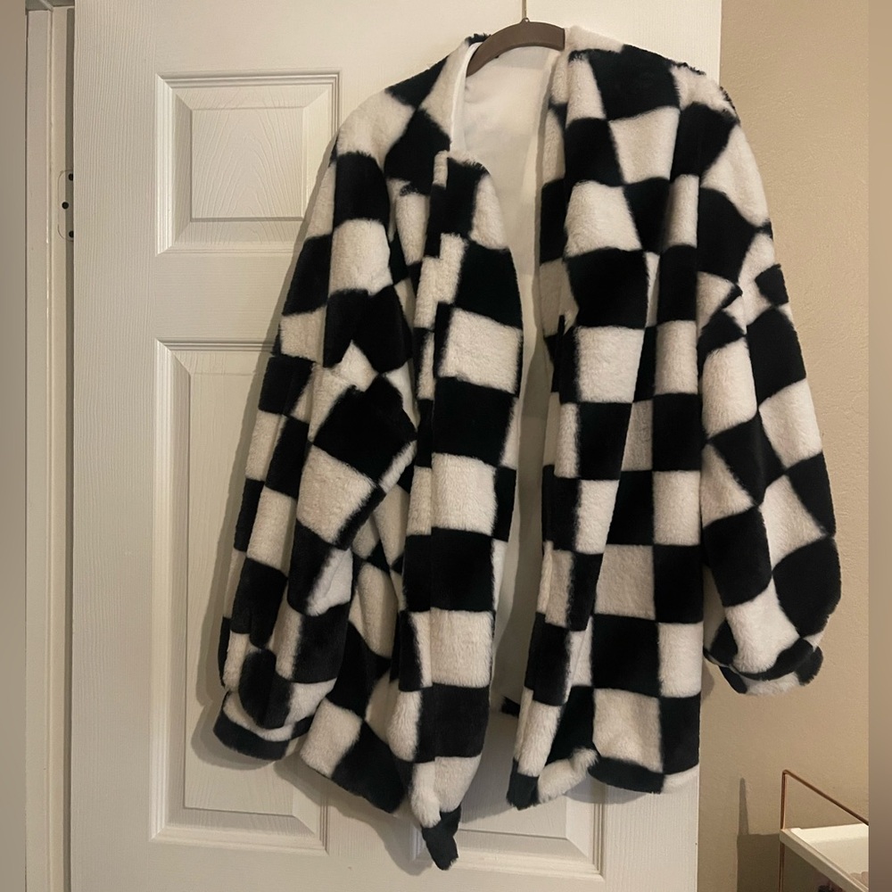 Checkered Fuzzy Open Front Coat - image 4